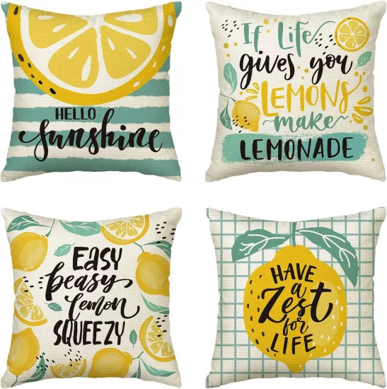 4’lü Limon Desenli Kırlent Kılıfı Seti Hello Sunshine Yaz Temalı Modern Dekoratif Yastık