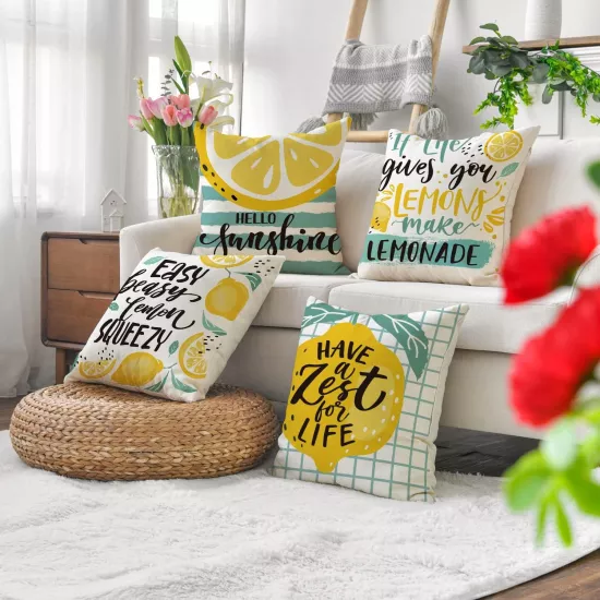 4’lü Limon Desenli Kırlent Kılıfı Seti Hello Sunshine Yaz Temalı Modern Dekoratif Yastık