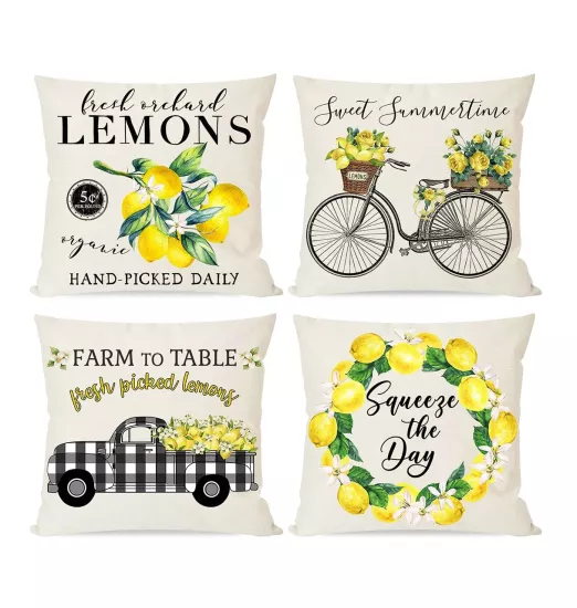 4’lü Vintage Limon Kırlent Kılıfı Seti Bisiklet Kamyon Desenli Farmhouse Dekoratif Yastık