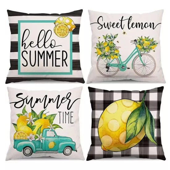 4’lü Limon Ekose Kırlent Kılıfı Seti Hello Summer Siyah Çizgili Modern Dekoratif Yastık