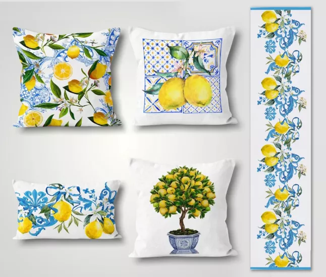 Çini Desenli Limon Temalı Dekoratif 4’lü Kırlent Kılıfı ve Runner Seti