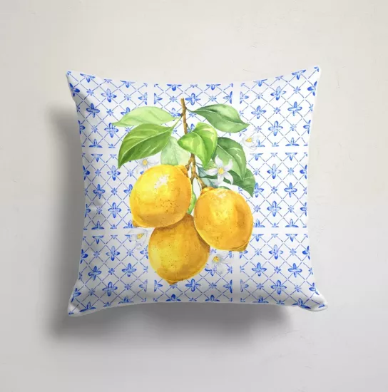 4’lü Akdeniz Limon Desenli Kırlent Kılıfı Seti Mavi Seramik Modern Dekoratif Yastık