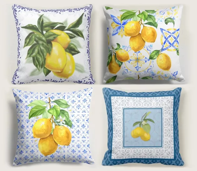 4’lü Akdeniz Limon Desenli Kırlent Kılıfı Seti Mavi Seramik Modern Dekoratif Yastık