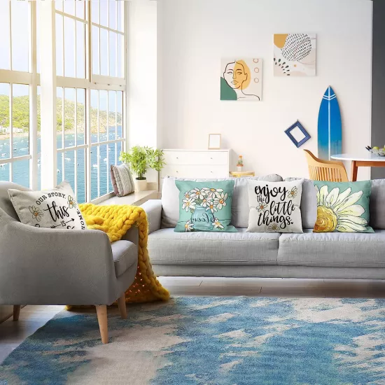 4’lü Papatya Desenli Kırlent Kılıfı Seti Bloom Yazı Baskılı Modern Dekoratif Yastık