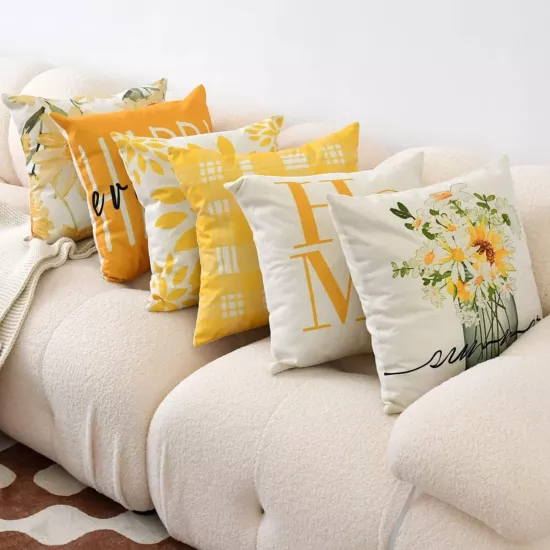 4’lü Sarı Beyaz Modern Kırlent Kılıfı Seti Happy Home Yazı Desenli Dekoratif Yastık