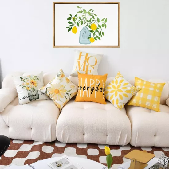 4’lü Sarı Beyaz Modern Kırlent Kılıfı Seti Happy Home Yazı Desenli Dekoratif Yastık