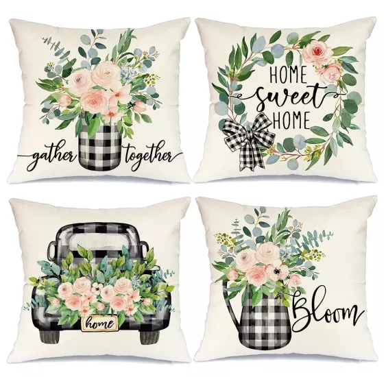 4’lü Çiçek Desenli Kırlent Kılıfı Seti Gül Buketi Home Sweet Home Dekoratif Yastık