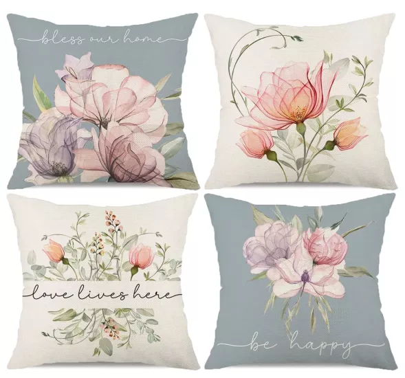 4’lü Pastel Çiçek Desenli Kırlent Kılıfı Seti Be Happy Yazı Baskılı Modern Dekoratif Yastık