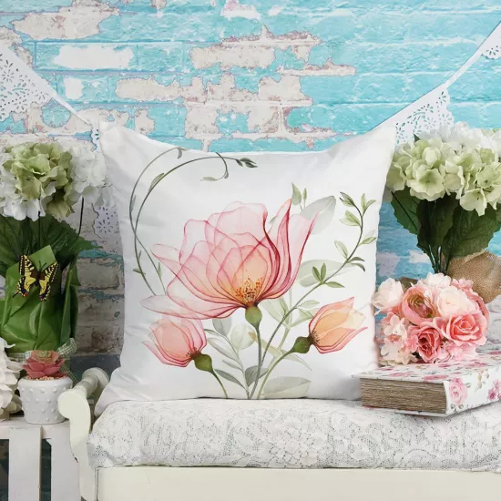 4’lü Pastel Çiçek Desenli Kırlent Kılıfı Seti Be Happy Yazı Baskılı Modern Dekoratif Yastık