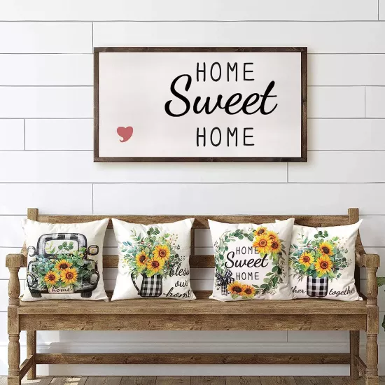 4’lü Ayçiçeği Desenli Kırlent Kılıfı Seti Home Sweet Home Yazılı Dekoratif Yastık