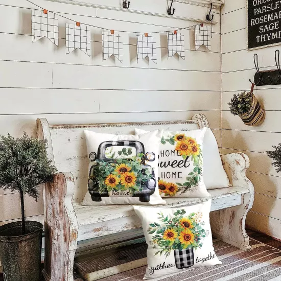 4’lü Ayçiçeği Desenli Kırlent Kılıfı Seti Home Sweet Home Yazılı Dekoratif Yastık