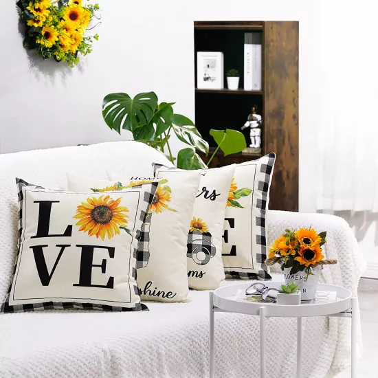 4’lü Ayçiçeği Desenli Kırlent Kılıfı Seti Hello Summer Yazı Baskılı Dekoratif Yastık
