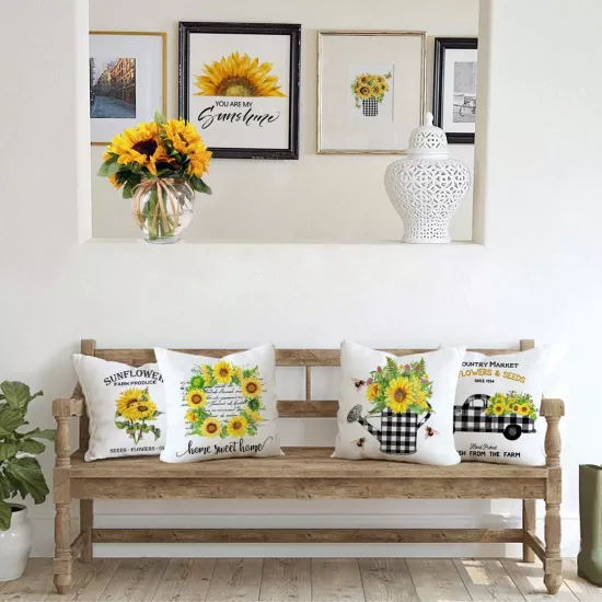4’lü Ayçiçeği Desenli Kırlent Kılıfı Seti Country Market Farmhouse Dekoratif Yastık