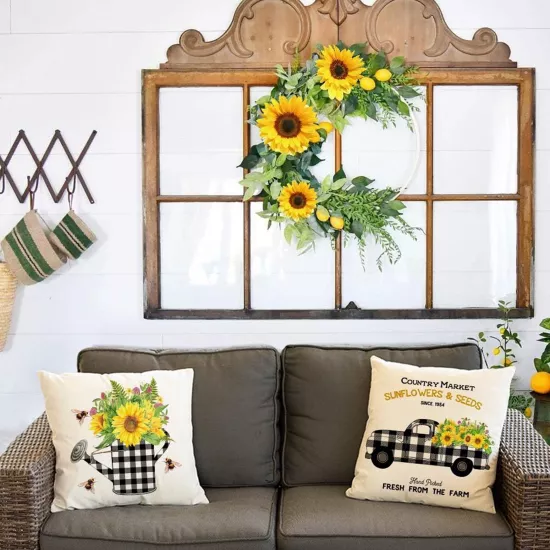 4’lü Ayçiçeği Desenli Kırlent Kılıfı Seti Country Market Farmhouse Dekoratif Yastık