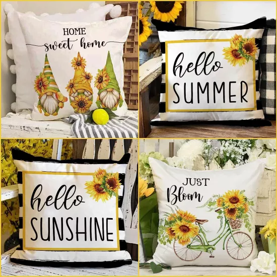 4’lü Ayçiçeği Gnome ve Yazılı Kırlent Kılıfı Seti Hello Summer Sunshine Bloom Dekoratif
