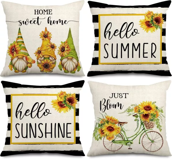4’lü Ayçiçeği Gnome ve Yazılı Kırlent Kılıfı Seti Hello Summer Sunshine Bloom Dekoratif