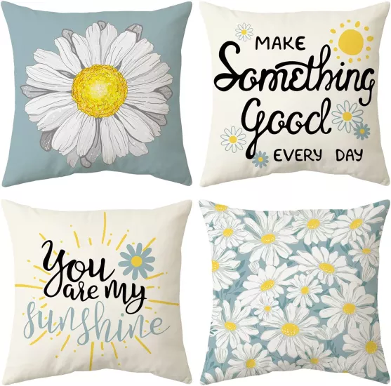 4’lü Papatya ve Çiçek Desenli Kırlent Kılıfı Seti You Are My Sunshine Yazılı Dekoratif Yastık