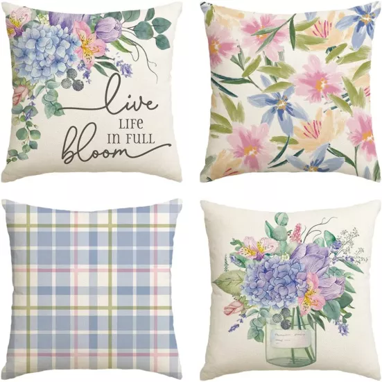 4’lü Pastel Çiçek ve Ekose Desenli Kırlent Kılıfı Seti Live Life in Full Bloom Yazılı Dekoratif Yastık
