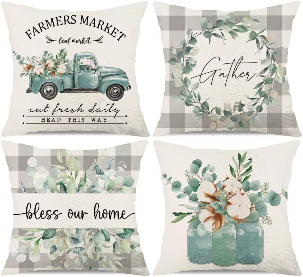 4’lü Farmers Market Okaliptüs Desenli Kırlent Kılıfı Seti Gather Bless Our Home Dekoratif Yastık