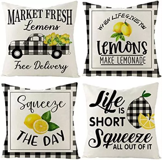 4’lü Limon Yazılı Ekose Desenli Kırlent Kılıfı Seti Squeeze The Day Life is Short Dekoratif Yastık