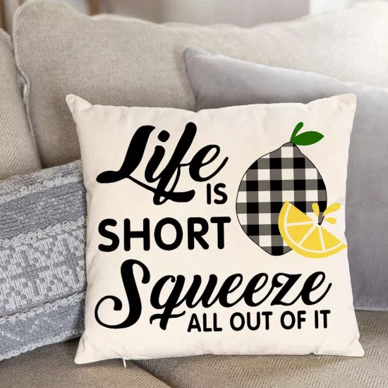 4’lü Limon Yazılı Ekose Desenli Kırlent Kılıfı Seti Squeeze The Day Life is Short Dekoratif Yastık