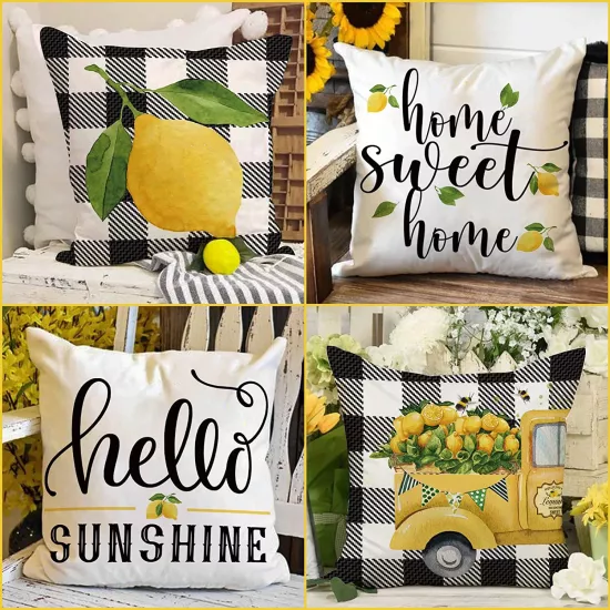 4’lü Limon ve Ekose Desenli Kırlent Kılıfı Seti Home Sweet Home Hello Sunshine Dekoratif Yastık