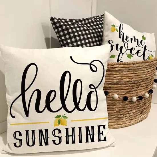 4’lü Limon ve Ekose Desenli Kırlent Kılıfı Seti Home Sweet Home Hello Sunshine Dekoratif Yastık
