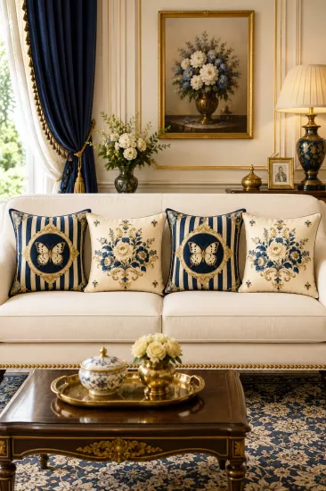 Lacivert Gold Çiçekli Runner ve 4’lü Kırlent Kılıfı Seti Luxury Dekoratif Yastık