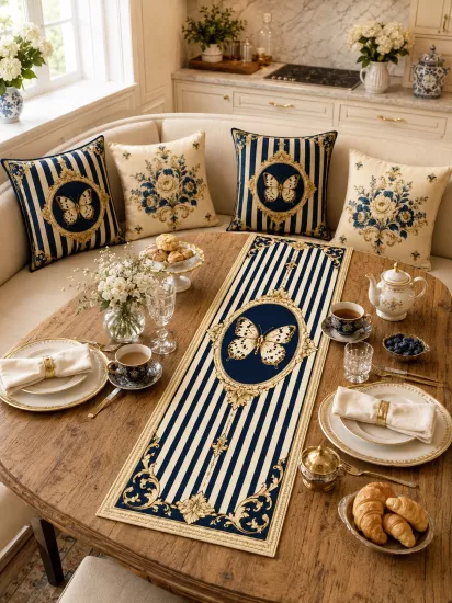 Lacivert Gold Çiçekli Runner ve 4’lü Kırlent Kılıfı Seti Luxury Dekoratif Yastık