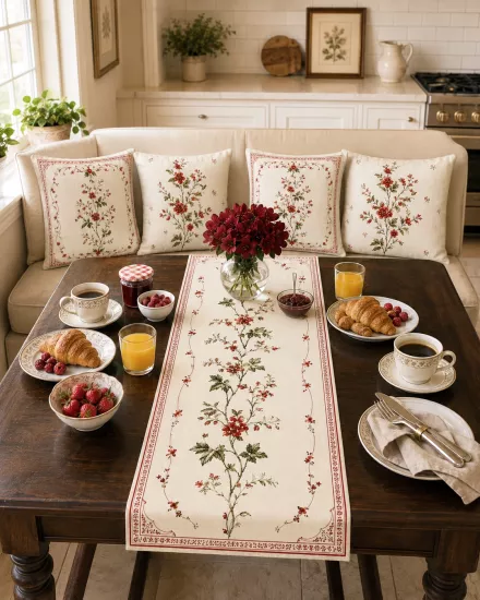 Krem Zeminli Kırmızı Çiçek Runner ve 4’lü Kırlent Kılıfı Seti Vintage Dekoratif Yastık