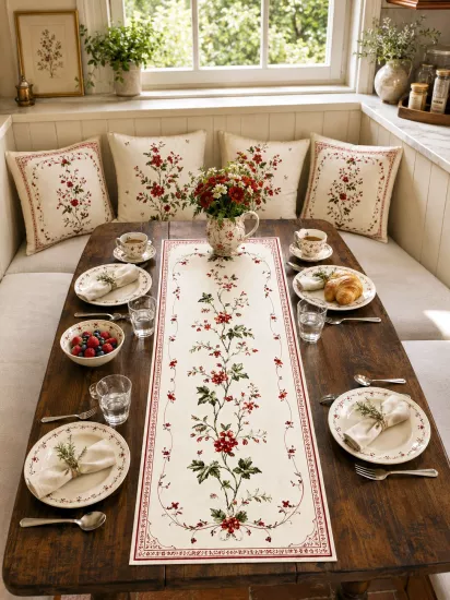 Krem Zeminli Kırmızı Çiçek Runner ve 4’lü Kırlent Kılıfı Seti Vintage Dekoratif Yastık