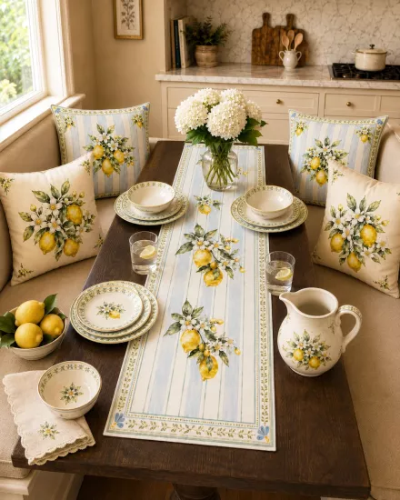 Vintage Limon & Ekose Desenli Dekoratif 4’lü Kırlent Kılıfı ve Runner Seti