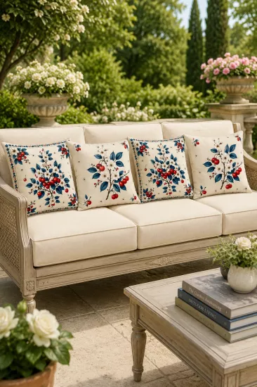 Krem Zeminli Kırmızı Meyve Çiçekli Runner ve 4’lü Kırlent Kılıfı Vintage Dekoratif Yastık