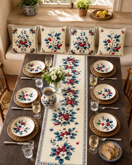 Krem Zeminli Kırmızı Meyve Çiçekli Runner ve 4’lü Kırlent Kılıfı Vintage Dekoratif Yastık