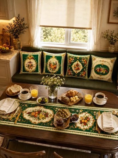 Yeşil Zeminli Meyve Desenli Luxury 4’lü Kırlent Kılıfı Seti