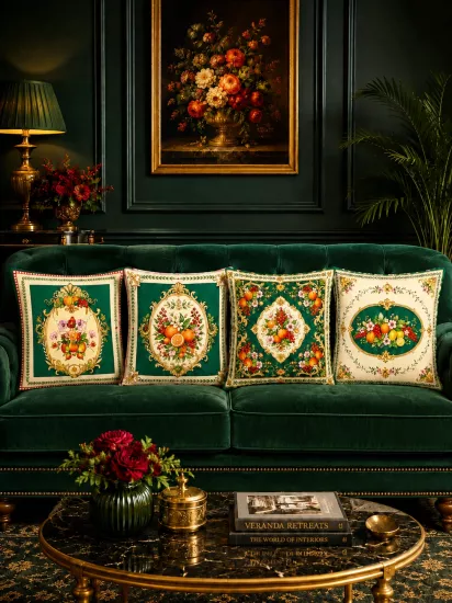 Yeşil Zeminli Meyve Desenli Luxury 4’lü Kırlent Kılıfı Seti