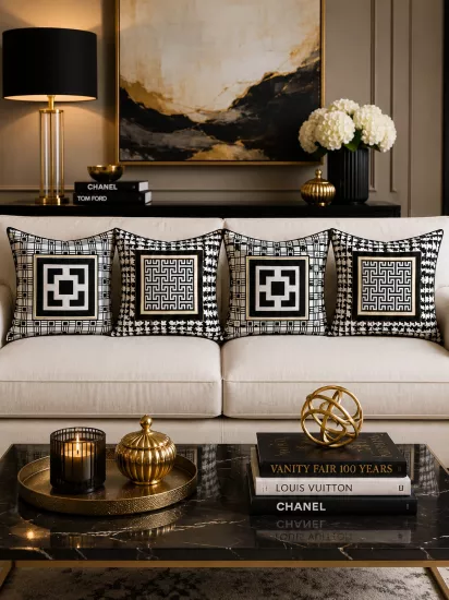 Siyah Krem Geometrik Desenli Luxury Runner ve 4’lü Kırlent Kılıfı Seti Dekoratif Yastık