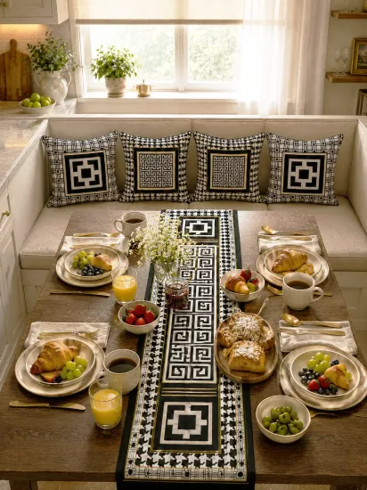 Siyah Krem Geometrik Desenli Luxury Runner ve 4’lü Kırlent Kılıfı Seti Dekoratif Yastık