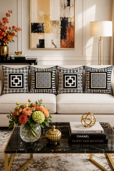 Siyah Krem Geometrik Desenli Luxury 4’lü Kırlent Kılıfı Seti
