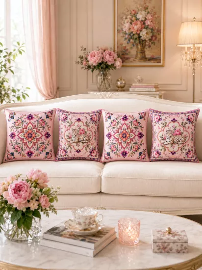 Pembe Barok Leopar Desenli Runner ve 4’lü Kırlent Kılıfı Seti Dekoratif Yastık