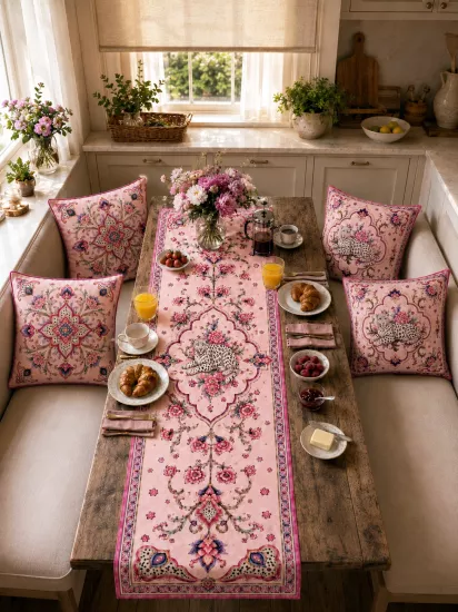 Pembe Barok Leopar Desenli 4’lü Kırlent Kılıfı Seti