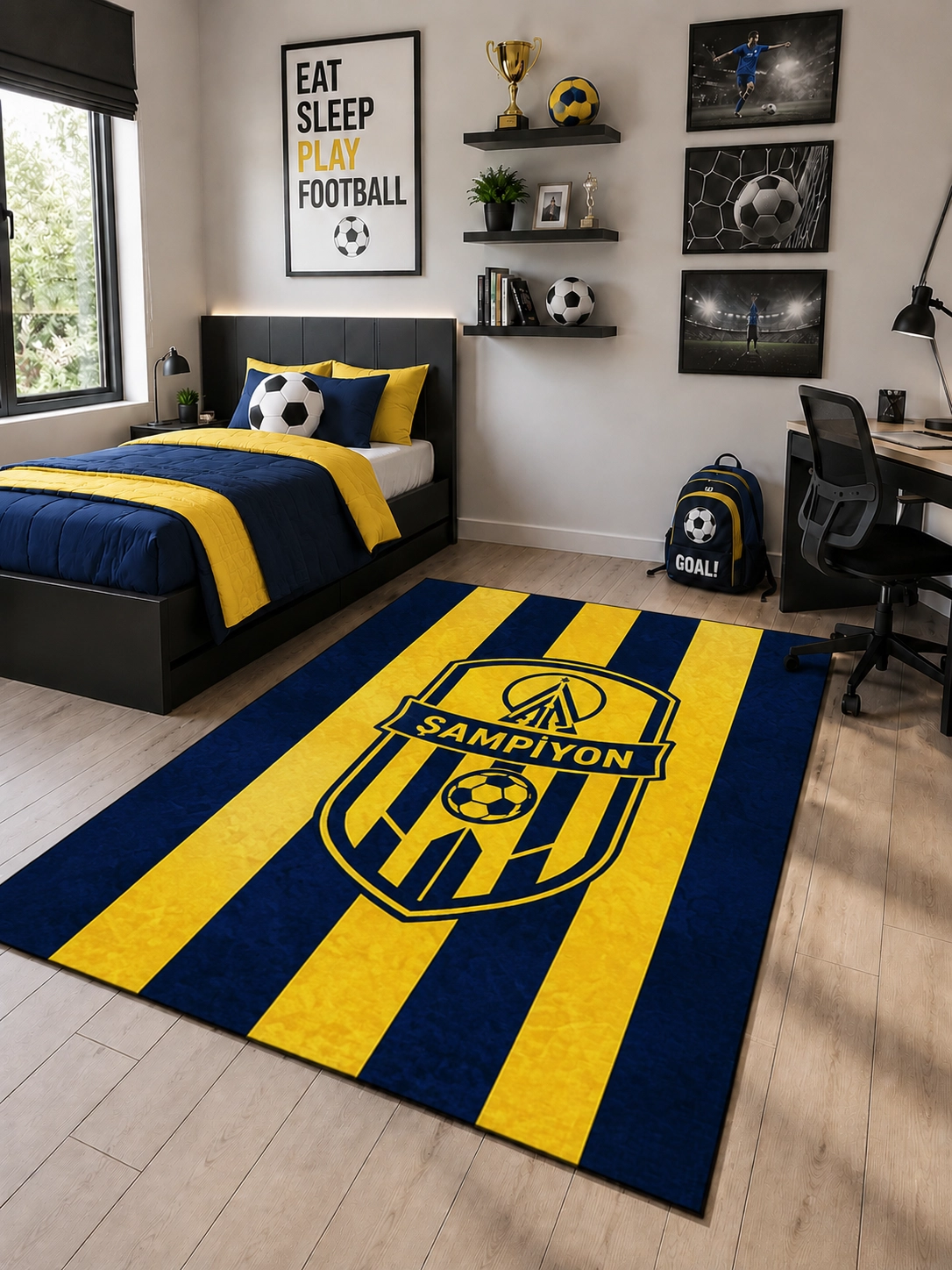 Sarı Lacivert Şampiyon Taraftar Çocuk Odası Halısı