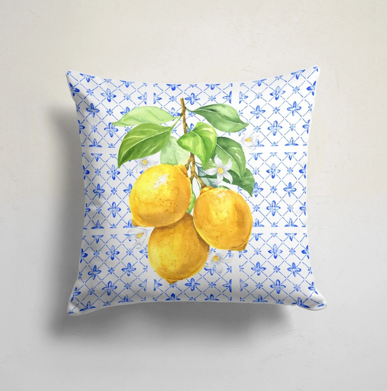 4’lü Akdeniz Limon Desenli Kırlent Kılıfı Seti Mavi Seramik Modern Dekoratif Yastık