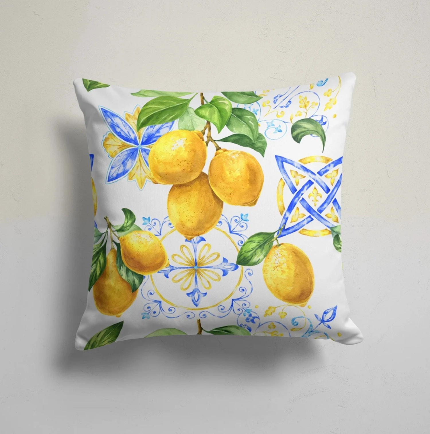 4’lü Akdeniz Limon Desenli Kırlent Kılıfı Seti Mavi Seramik Modern Dekoratif Yastık