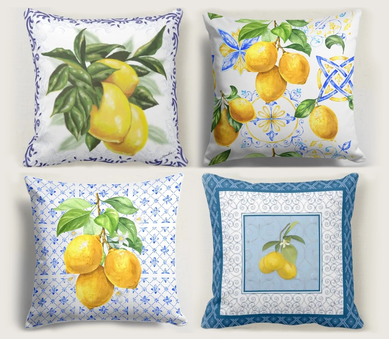 4’lü Akdeniz Limon Desenli Kırlent Kılıfı Seti Mavi Seramik Modern Dekoratif Yastık
