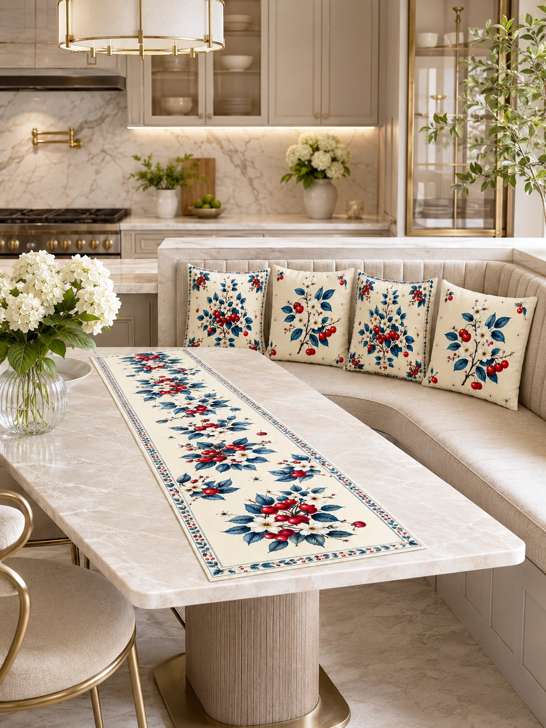 Krem Zeminli Kırmızı Meyve Çiçekli Runner ve 4’lü Kırlent Kılıfı Vintage Dekoratif Yastık