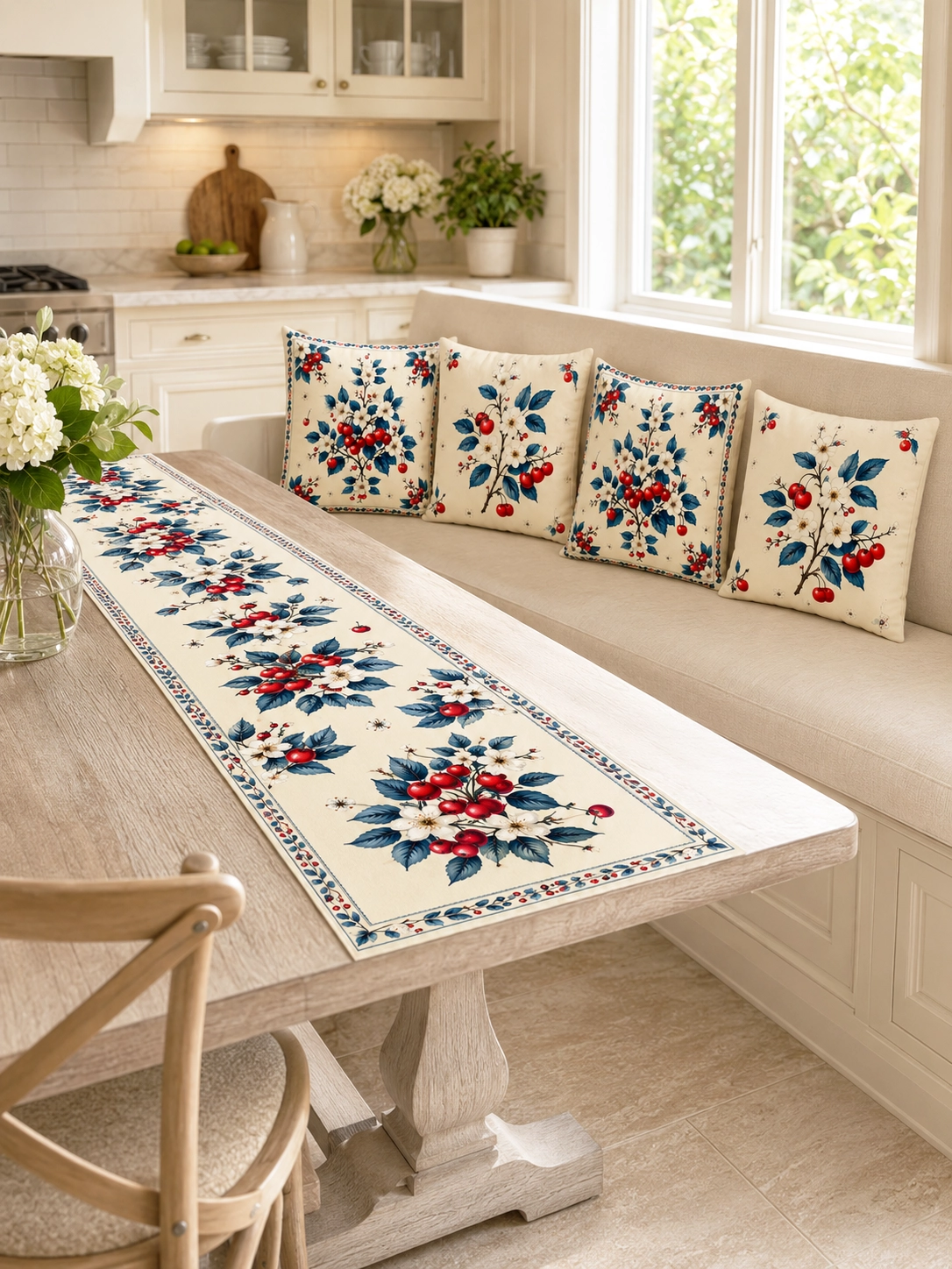 Krem Zeminli Kırmızı Meyve Çiçekli Runner ve 4’lü Kırlent Kılıfı Vintage Dekoratif Yastık