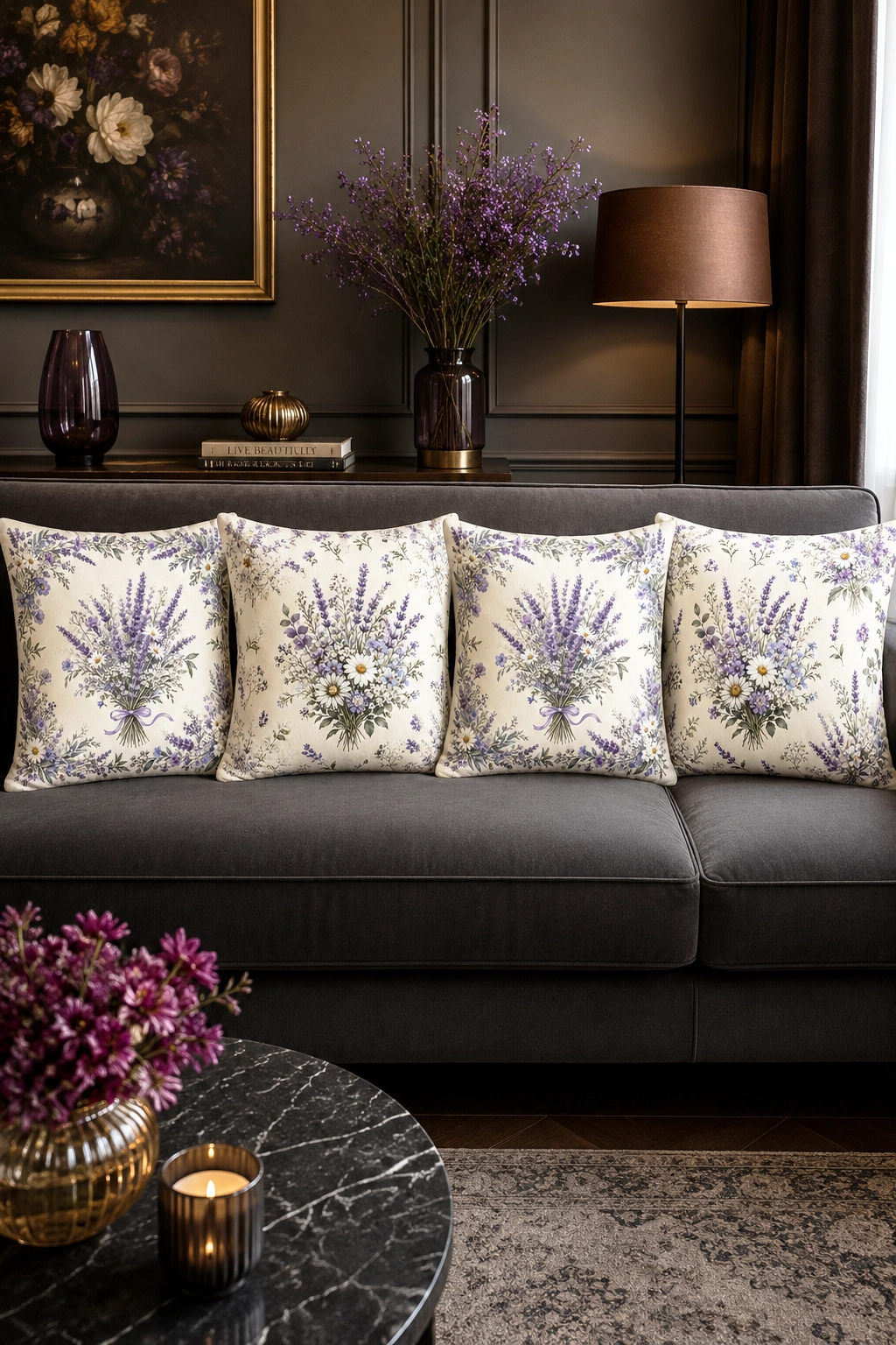 Lavanta ve Papatya Desenli Runner ve 4’lü Kırlent Kılıfı Seti Floral Dekoratif Yastık